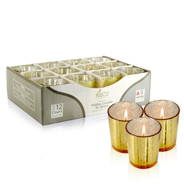 Beautiful Living Room Bathroom Lighting Kitchen Long-Lasting Wax KISCO CANDLES Votive Candles with Holders 12-Pack 8 Hour Gold Decorative Glass Home Decor